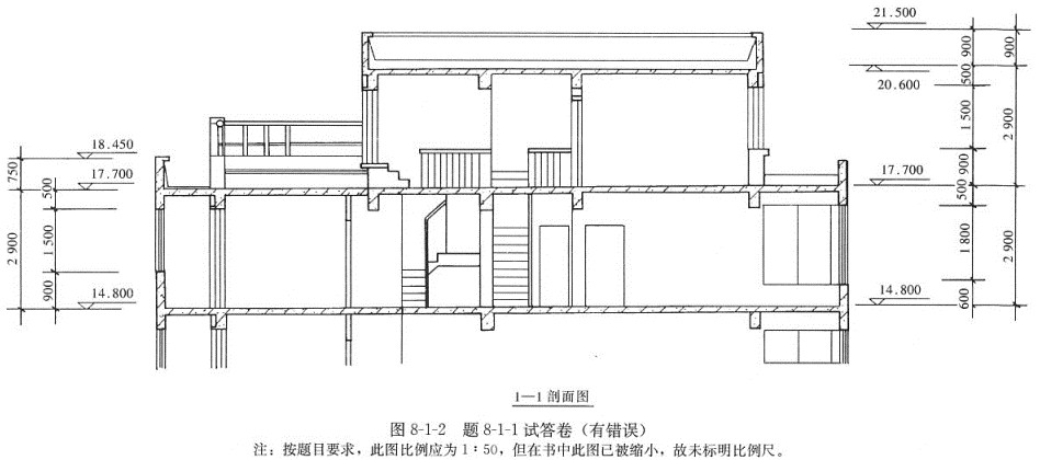 根据所给跃层住宅的顶部两层平面及所剖位置绘出剖面图(见图8-1-1).