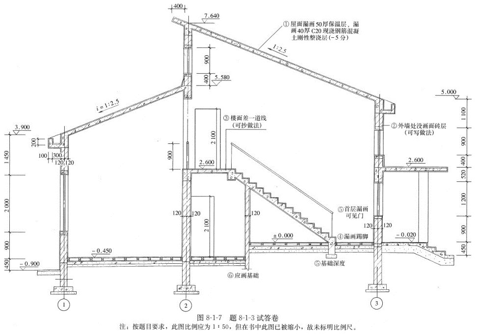 按所示平面图8-1-6中的剖线,绘出建筑剖面图(使用图8-1-5提供的图例).