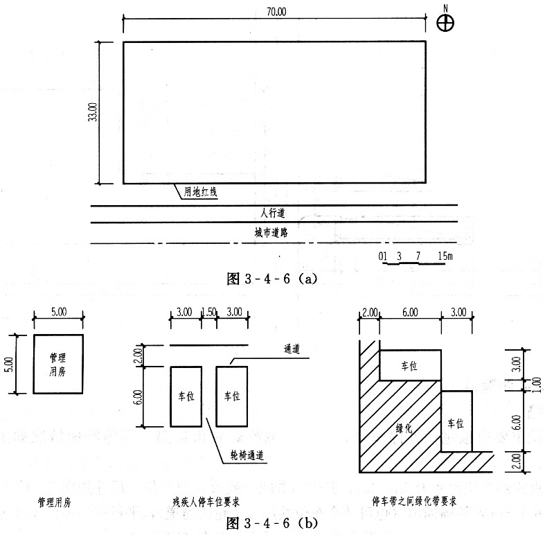 垂直式停车位尺寸为6m×3m,其中布置四个残疾人停车位,尺寸如图3